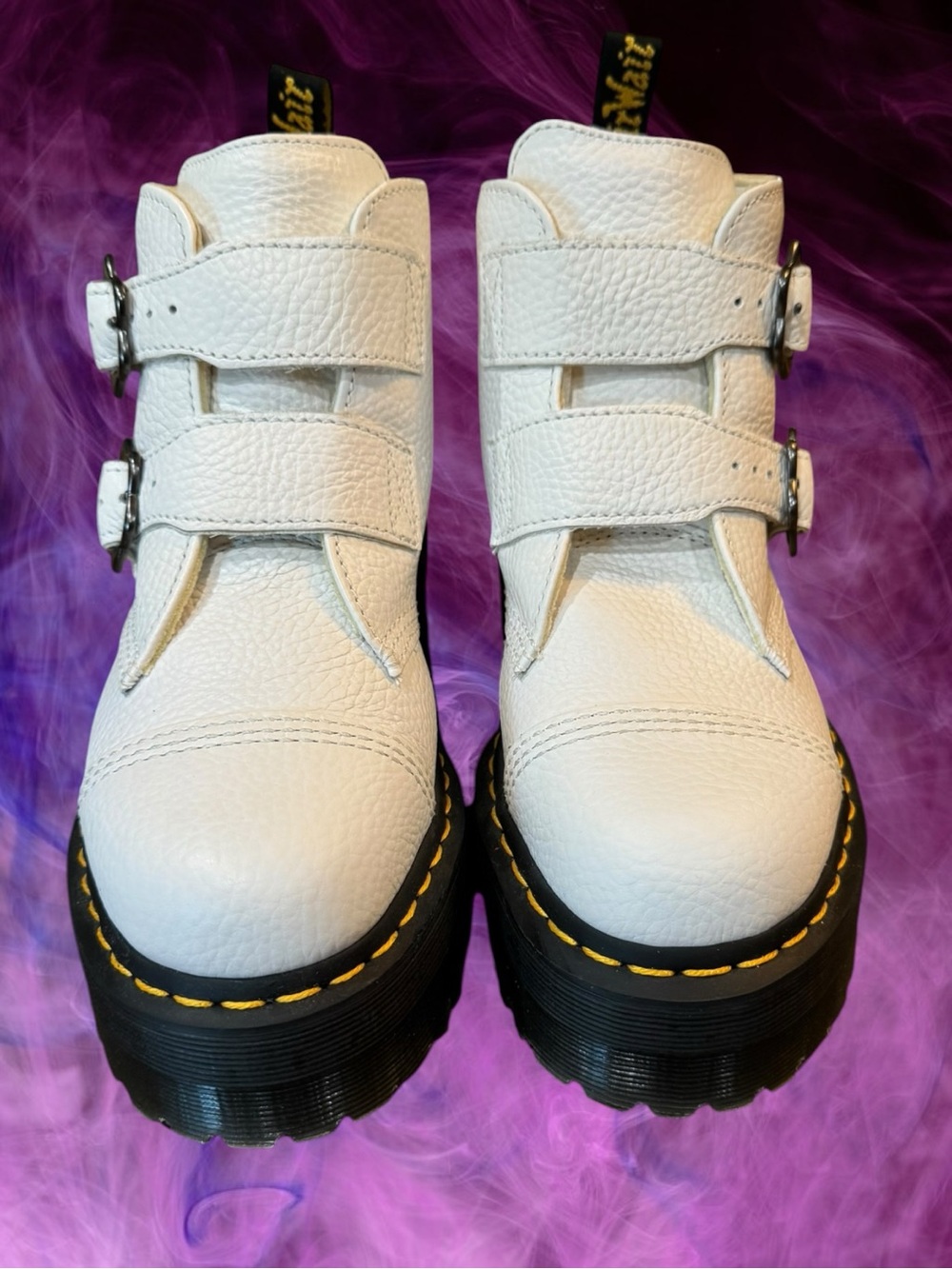 Dr. Martens Devon Flower Buckle White Pebbled Leather Platform Boots Sz 9 NEW - Picture 11 of 16